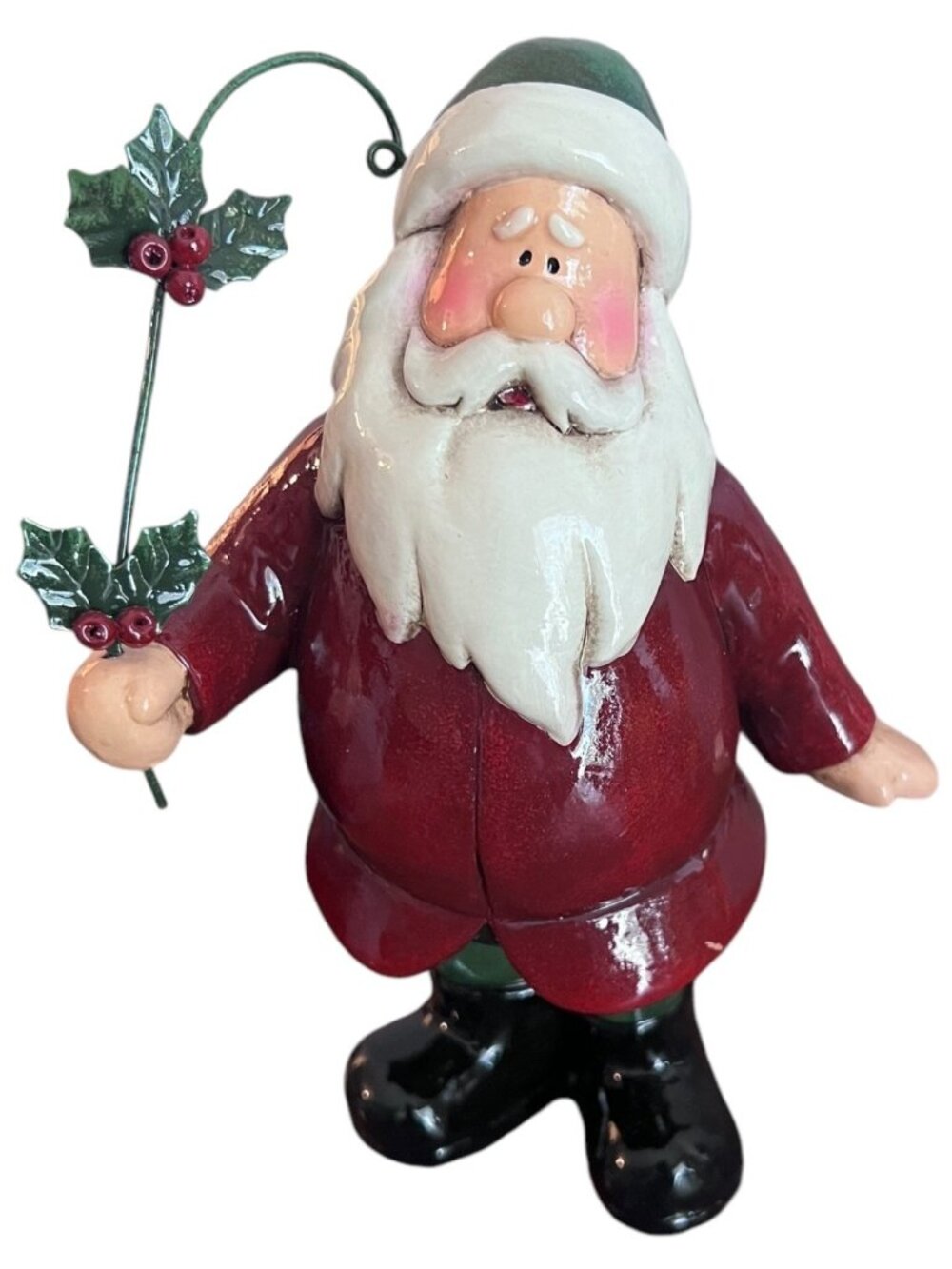 Vintage Ceramic Santa Figurine 8" Christmas Holly Folk Art Holiday Decoration